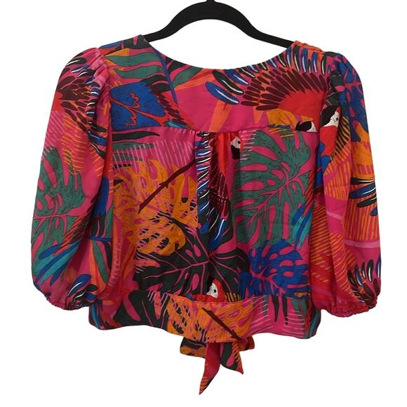 NWOT Joie Colorful Red Tropical Print Button Up Flowy Tie Front Crop Top Large - Picture 5 of 7